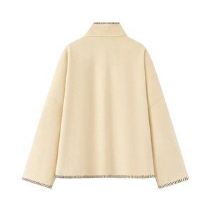 Minimalist beige wool blend high neck sweater with contrast stitching on the back