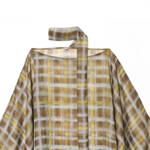 Earth-toned plaid pattern boat neck top with matching neck strap in a lightweight fabric