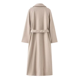Back view of a long wool coat in oatmeal beige with raglan sleeves and a matching waist belt