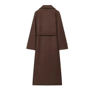 Back view of a long wool blend trench coat in dark brown with waist belt detail