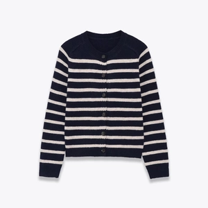 Cardigan in Maglia a Righe Orizzontali Girocollo da Donna Monopetto a Maniche Lunghe Maglione in Poliestere