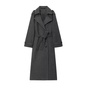 Women's double-breasted long charcoal wool coat with notched lapels and waist belt