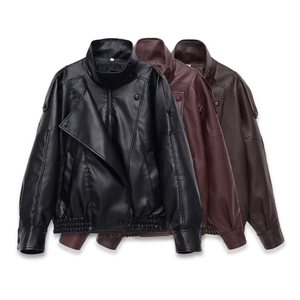 Women Fashion Lychee Texture PU Faux Leather Jacket Stand Collar Loose Biker Coat Casual Long Sleeve Solid Outerwear Tops