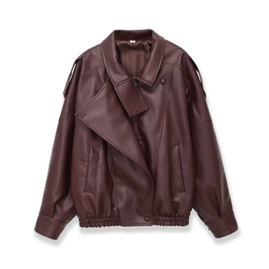 Women's burgundy faux leather jacket with pebble texture and trendy oversized silhouette