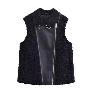 Gilet pour Femme Style Moto en Fausse Peau de Mouton et Similicuir Veste Sans Manches à Fermeture Éclair Asymétrique