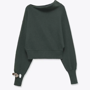 Women's Elegant Slash Neck Knit Sweater Long Sleeve Off-Shoulder Pullover With Metal Ring Decoration Solid Color Knit Top