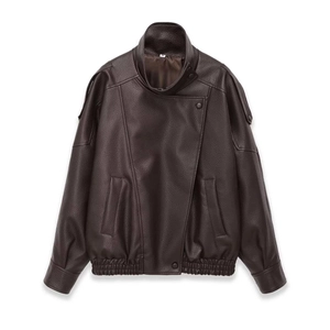 Women's dark brown faux leather jacket with litchi texture and asymmetrical front closure