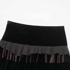 High waisted tiered mini skirt with black velvet and brown satin patchwork layers