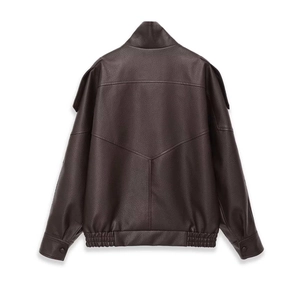 Deep espresso faux leather bomber jacket for men featuring pebbled texture and back stitching
