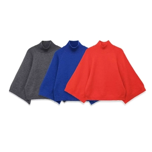 Women's Loose Knit Sweater High Neck Polyester Raglan Batwing Sleeve Oversized Pullover Top For Autumn Casual Daily Wear