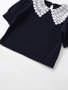 Detailed view of large white hollow lace Peter Pan collar on navy knit cardigan sweater