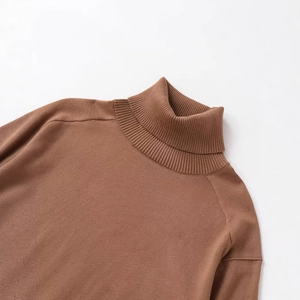 Elegant brown high-neck knit sweater featuring a soft ribbed collar and raglan sleeve design