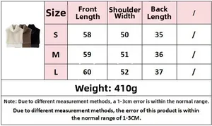 Detailed size chart for faux fur high neck sleeveless top including S, M, L dimensions