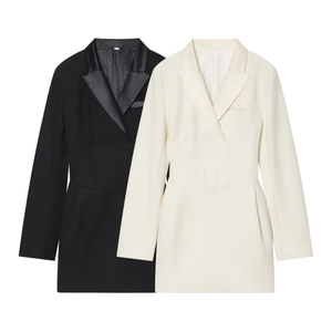 Women Elegant Blazer Dress Corset Waist Peaked Lapel Satin Patchwork Long Sleeve Slim Fit Mini Dress Office Lady Style