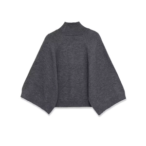 Minimalist loose-fit dark grey knit poncho sweater with wide batwing sleeves and high collar