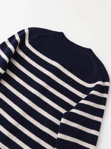 Dettaglio dello scollo e della trama a righe blu e bianche del maglione in maglia