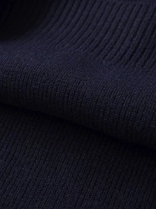 Close-up of dark blue knit sweater showing detailed ribbed texture and soft fabric