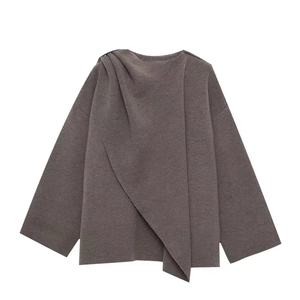 Pull en Tricot pour Femmes avec Col Écharpe Asymétrique Élégant Couleur Unie Cardigan en Tricot d'Automne