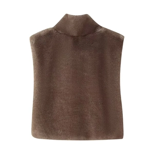 Detailed view of the dark brown faux fur turtleneck collar with a glossy soft texture