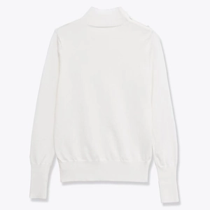 Back view of a white high-neck knit sweater with rivet accents and ribbed cuffs