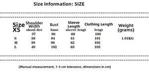 Detailed size chart for minimalist padded shoulder coat with measurements from XS to L