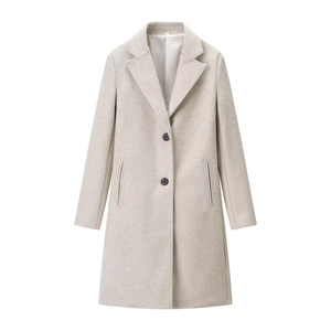 Women Elegant Notched Lapel Wool Like Coat Padded Shoulder Long Sleeve Solid Color Single Breasted Long Line Fall Jacket