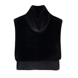 Sleeveless black faux fur vest featuring a stylish turtleneck and smooth satin hemline