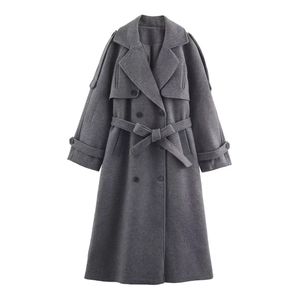 Manteau Long en Laine Gris Élégant pour Femme Trench-Coat à Double Boutonnage Avec Ceinture Épaulettes Revers