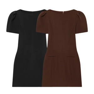 Robe Courte Ajustée Élégante pour Femme Col Rond Manches Courtes Bouffantes Plissée Bureau Moulante avec Fermeture Éclair