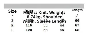 Detailed size chart for women's knit coat with bust and length specs in S, M, L