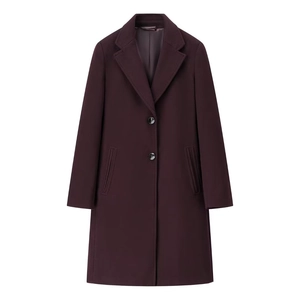 Women's burgundy long wool coat with shoulder pads and classic lapels for autumn fashion