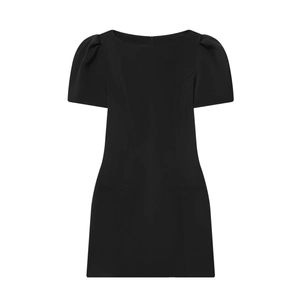 Robe courte noire élégante avec manches bouffantes et détails de poches décoratifs
