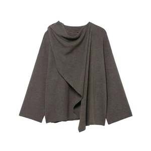 Women's dark coffee knit coat featuring a unique asymmetrical scarf collar and loose sleeves