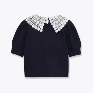 Women Vintage Peter Pan Collar Knit Sweater White Lace Doll Collar Puff Sleeve Navy Blue Pullover Knitwear Top