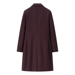 Back view of minimalist wine red mid-length wool coat with shoulder pads and rear slit
