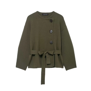 Women Casual Knitted Cardigan Round Neck Olive Green Sweater Coat With Belt Asymmetric Button Loose Soft Long Sleeve Top