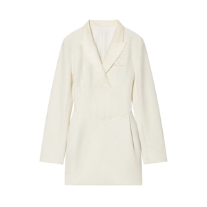 Elegant ivory white tailored blazer dress with structured waist and V-neckline lapel