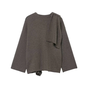 Women's dark gray knit coat with a unique scarf-style drape and loose drop shoulder design