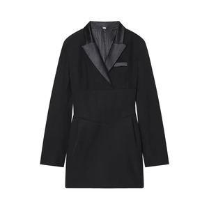 Elegant black V-neck blazer dress with satin lapels and pleated waist details