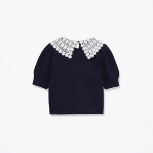 Women's short sleeve navy knit sweater with elegant white lace Peter Pan collar and puff sleeves