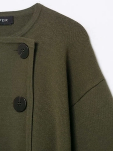 Close-up of olive green knit cardigan with large dark brown buttons and round neck