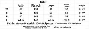 Tableau des tailles pour blouson aviateur métallisé avec mesures détaillées du XS au L