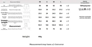 Detailed size chart for elegant high-waisted wide-leg pants with measurements and washing guide