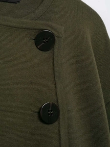 Macro shot of olive green knit fabric texture with dark brown buttons detail