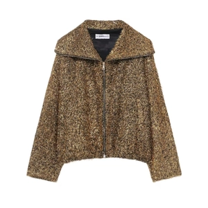 Veste Bomber à Franges Or Métallisé pour Femmes Coupe Ample Col Rabattu Fermeture Éclair Manteau Brillant pour Fête Noël Clubwear