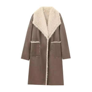 Manteau réversible femme en suédine et peau de mouton avec grand col chaud