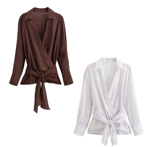 Chemisier Croisé À Manches Longues Pour Femmes Col En V Taille Nouée Rayé Couleur Unie Polyester Mode Bureau