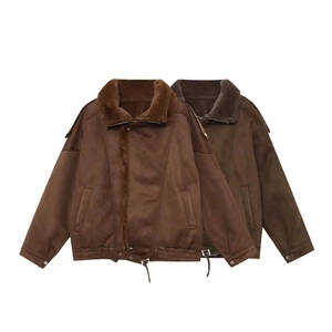 Women Faux Suede Biker Jacket Thick Faux Fur Collar Belted Zipper Flying Aviator Coat Warm Winter Outerwear Casual Brown