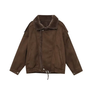 Deep brown faux suede aviator jacket with thick faux fur collar and adjustable waist belt