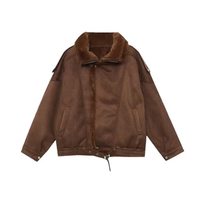 Dark brown faux suede biker jacket with thick faux fur collar and adjustable belt detail